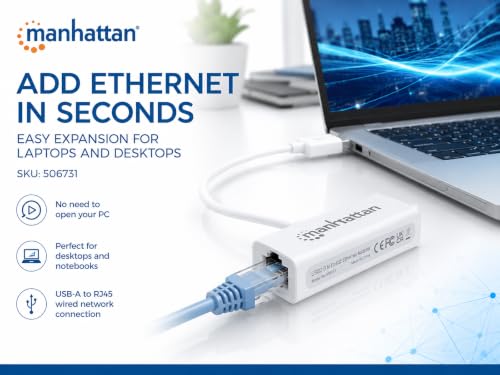 Image of Manhattan USB to Ethernet Adapter - 10 / 100 Mbps Fast Ethernet LAN Network - Support Windows 10 /8.1 /8 /7 /Vista /XP for Desktop Laptop Apple MacBook Linux - 3 Year Warranty - 506731 | USB 2.0 to RJ45 LAN dongle with plug-and-play setup, hot-swap use, PXE boot and auto-speed detection for PC use