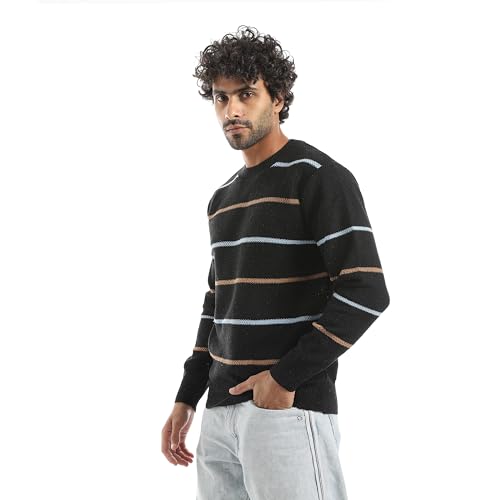 Andora Long Sleeves striped Round Neck Sweater_ black_ L