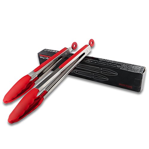 DeCuLo Kitchen Silicone Tongs, Stainless Steel Cooking Tongs with Silicone Tips, Kitchen Tongs for Cooking, 2 Pack (9 and 12 inch)