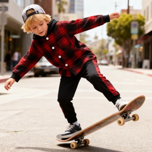 Image of OLMRJKD Toddler Baby Boy Clothes Plaid Long Sleeve Hoodie Sweatshirt + Pants 2pcs Boys Outfit Set