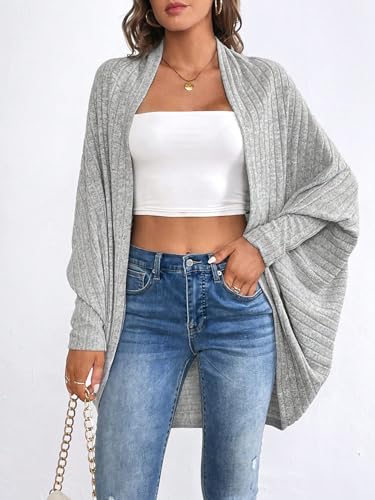 Image of WDIRARA Women's Open Front Long Sleeve Asymmetrical Hem Cardigan Rib Knit Sweater Light Grey XS