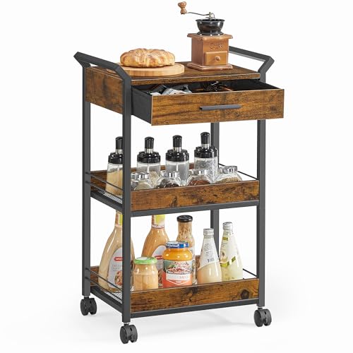VASAGLE Storage Cart, 3-Tier Rolling Utility Cart with Table Top, Handles, 4 Lockable Casters, Top Drawer, Mesh Shelves, for Kitchen, Bathroom, Bedroo