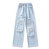 Le ragazze di moda per bambini jeans larghi strappati tasche elastiche in vita pantaloni in denim invecchiato gamba larga per l'uso quotidiano