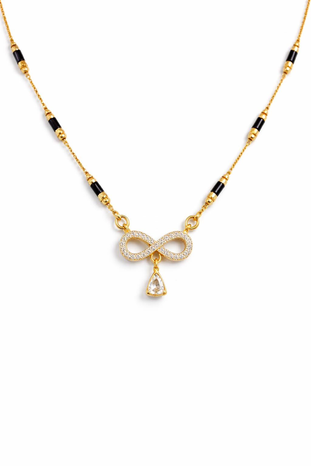 Aarikaa Infinity Elegance Mangalsutra Necklace, Gold Plated Alloy, Black Bead Chain, Cubic Zirconia Pendant with Teardrop Dangler-image-7
