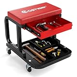 FANTASK Mobiler Werkstatthocker bis 185 kg, Werkstattsitz mit Rollen, Rollhocker mit Schublade & Ablage, Werkstattstuhl Montagehocker für Werkstatt & Garage (Rot)