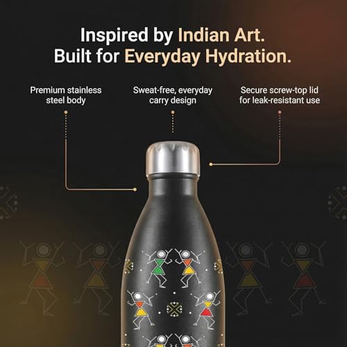 Image of Perch Retro Stainless Steel Water Bottle 980 ml | Hot & Cold Flask | Vacuum Insulated | ISI Certified | Leak Proof | BPA Free | for Office, School, Gym, Home & Travel | Warli Art | Crafted by Pexpo