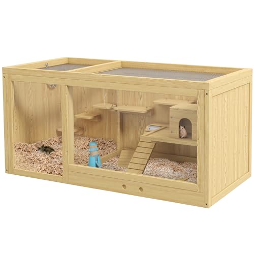 PawHut Cage pour hamsters en bois, 100 cm Clapier pour petits animaux, maison de jeu pour gerbilles Cage pour rongeurs avec balançoires, échelles, toit...
