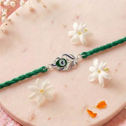 Image of ZAVYA 925 Pure Silver Morpankh (Peacock Feather) Rakhi for Brother | Premium Sterling Silver Gift for Bhaiya | Designer Raksha Bandhan Thread Set | Peacock Rakhi for Men & Boys | Roli Chawal Pack & Certificate