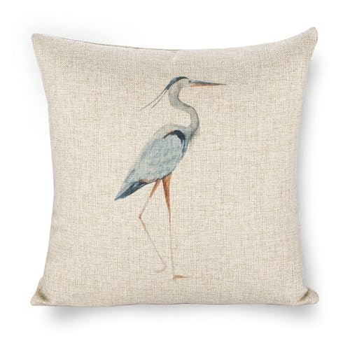 Icotoibabie Linen Throw Pillow Covers Blue Egret on Coastal 18x18 Decorative Pillows for Bed Couch Cushion Sofa Outdoor