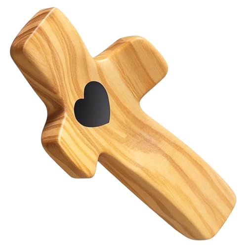 SongBuydn Handschmeichler Holz, 4 Holzkreuze mit Herzgravur für tägliches Gebet und Meditation, christliche Geschenke für Kommunion und Konfirmation, 2 Naturholz und 2 Walnussholz Kreuze