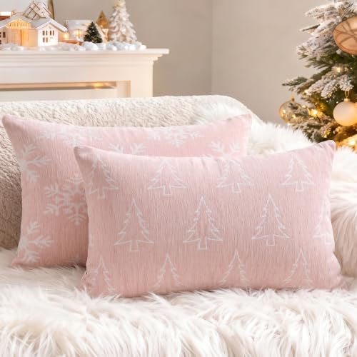 Image of 2 Pack Chenille Christmas Pillow Covers 12x20, Pink Double-Sided Snowflake & Christmas Tree, Cozy Farmhouse Holiday Cushion Case, Decorative Throw Pillowcase for Sofa Couch Bed(Pink,12x20)