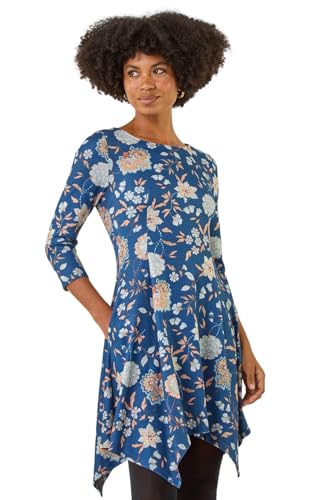 Roman Hanky Hem Swing Dress with Pockets for Women UK Ladies Asymmetric Hemline Stretch Jersey 3/4 Sleeve Winter Smart Casual Work Office Knee Length Tunics - Blue Floral - Size 10