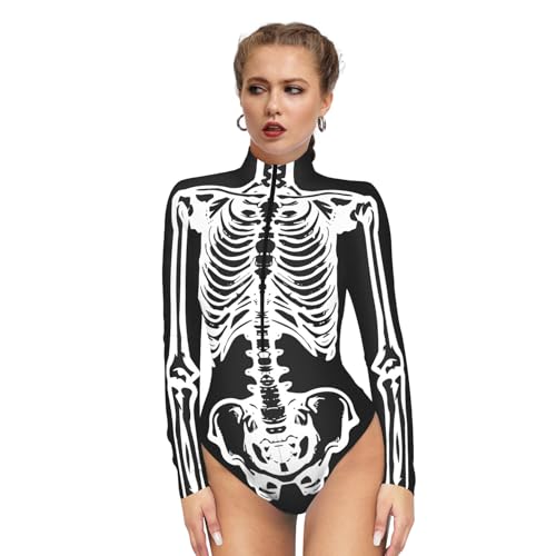 ZYTC Sexy Skeleton Bodysuit for Women Halloween Costume Cosplay Outfits Skull Onesie Bodycon 3D Print Jumpsuit Clubwear Romper