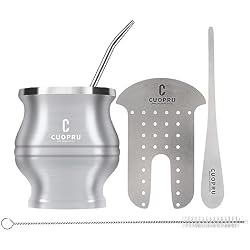 Cuopru Yerba Mate Cup - Mate Gourd Set Includes Double Walled Stainless Steel Tea Cup, Tea Shaper set, Bombilla Straws, Cleaning Brush (Silver)