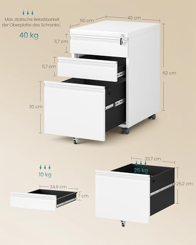 SONGMICS OFC033W101 Büroschrank mit 3 Schubladen, Rollfach auf Rollen, für Zuhause, Stahlgestell, 3 abschließbare Schubladen, Halterung für Drucker, 40 x 50 x 62 cm, mattweiß