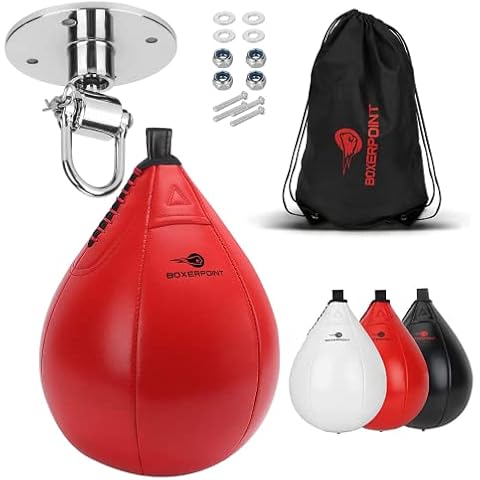 Boxerpoint Bundle Speed Bag with Swivel for Boxing, MMA, Taekwando, Karate in PU Leather Pear Reflex Ball for Adults and Kids Home or Gym Equipment- Stainless Steel Swivel with 360° Ball Bearing (Red) Cover