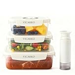 VICARKO 3-Piece Stackable Vacuum Food Storage Containers Set with Hand Pump, 17 oz/ 34 oz/ 68 oz, White, BPA-Free, Airtight, Leakproof, Date Tracker