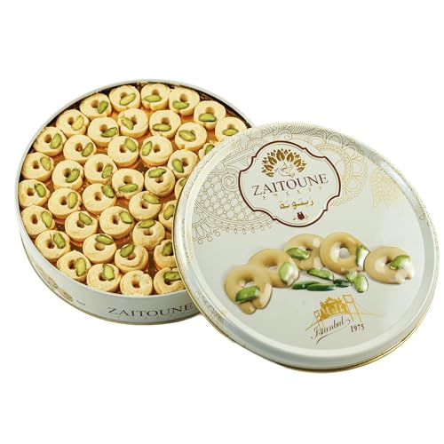 Zaitoune Ghraybeh Cookies - 1.1 lb | Luxurious Traditional Middle Eastern Pistachio Shortbreads Handcrafted in Turkey | Beautiful Reusable Gift Tin | Perfect for Dessert | Great Sharing Present