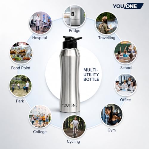 Image of YOUONE Stainless Steel 1000 ML Water Bottle /Thunder for fridge /School /Outdoor /Gym /Home /office /Boys /Girls /Kids, Leak Proof And BPA Free (Silver)