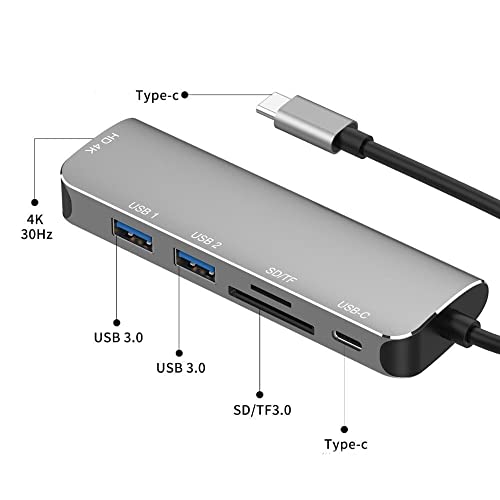 Image of eller sante Portable USB C Hub,6 in 1 Aluminum Hub with 4K HDMI Output, PD Power Delivery, USB 3.0 Port, SD /Micro SD Card Reader, Type C Hub Compatible for MacBook Pro, MacBook Air, iPad Pro- Grey