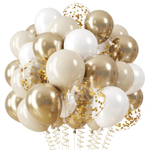 QIFU White and Gold Balloons 12inch Gold Beige and White Balloons with Golden Confetti Balloon Helium Balloon for Boho Wedding Baby Shower Decorations Engagement Party Bride Shower Communion