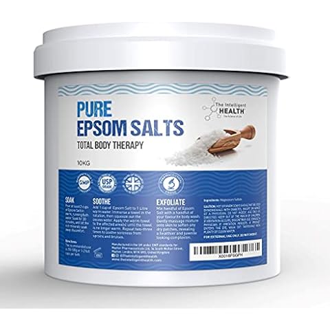 Pure Epsom Salts 10kg Bucket, Total Body Therapy, 100% Pure Premium Quality Magnesium Sulphate Traditional Bath Soak, Fine 1.4mm Easily Dissolvable Grain Size, Vegan Friendly by The Intelligent Health Cover