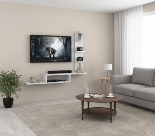 Image of Bros Moon Wall Mounted TV Cabinet, L-Shape, Modern Style, Laminated Finish, for Living Room, Suits TV up to 55 Inches (Frosty White, Dual L 48 Inches Broad Base)
