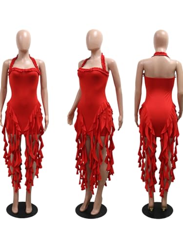 Image of Women's Sexy Fringe Ruffle Halter Neck Off Shoulder Bodycon Blackless Ruched Tassel Hem Mini Flowy Dress