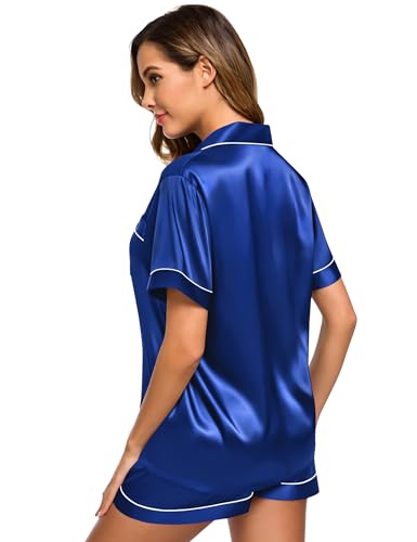 Image of SWOMOG Womens Silk Satin Pajamas Set Short Sleeve Sleepwear Button Down Top and Shorts Loungewear 2 Piece Pjs Set XS-3XL