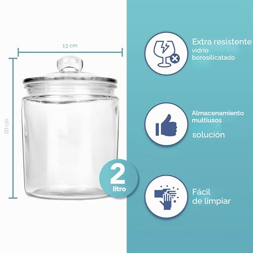 Miniatura 2 de Heftman Tarro De Cristal Con Tapa - 2 Litros Transparente, Tarros Vacíos Con Tapa Hermética De Presión - Tarros De Cristal Robustos Vintage De Boticario Perfectos Para Almacenamiento De Dulces, Café