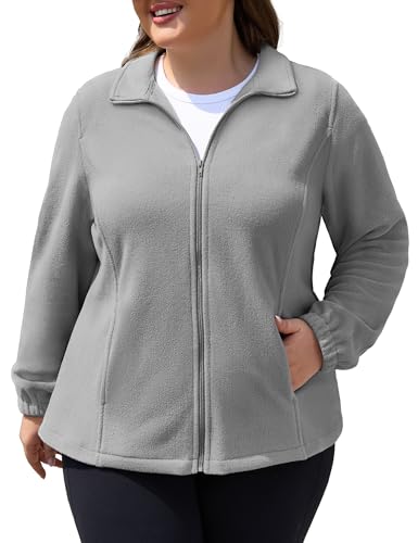 Image of COOTRY Plus Size Fleece Jacket Women Lightweight Zip Up Jackets Soft Warm Long Sleeve Polar Coat with Pockets for Winter Grey 3XL