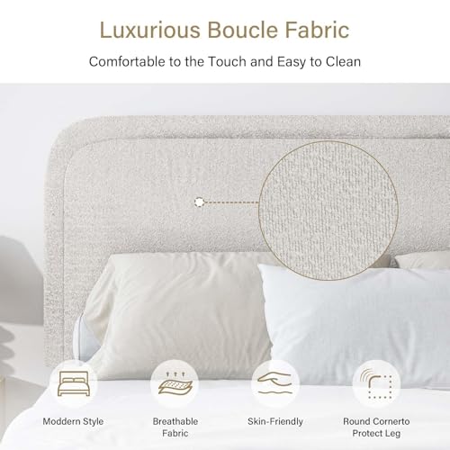 Image of BarnFurin Queen Bed Frame, Cloud Boucle Headboard, Rounded Corners, Beige | Soft boucle and rounded edges create a low-profile cloud look. Wooden slats support the mattress without a box spring