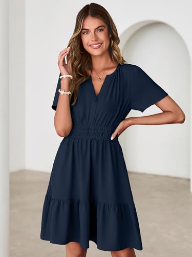 Image of Simplee Womens Casual Summer Dresses 2026 V Neck Short Sleeve Empire Waist Flowy A Line Ruffle Tiered Mini Sundress