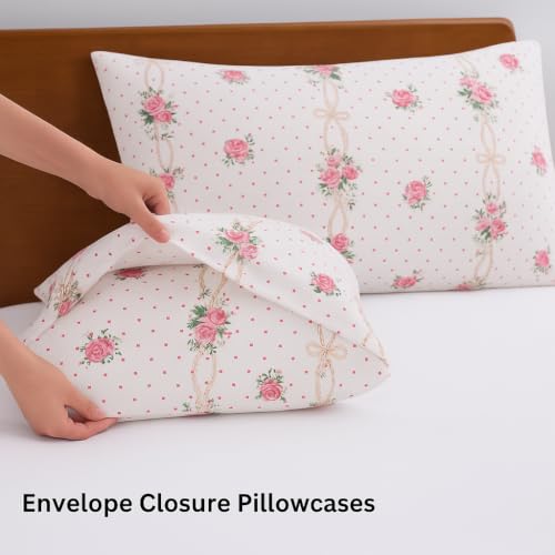 Image of SANMARINO 210TC Cotton King Size Bedsheet with 2 Pillow Covers | Premium Floral Print Design Flatsheet |Ultra Soft Breathable Skin Friendly Bedding Set for All Season Use 90 x 100 Inch,Rose Pink