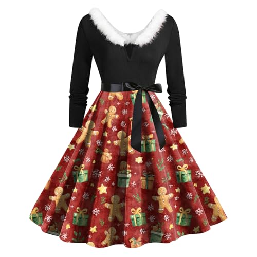 Weihnachtskleid Damen Elegant Sexy Weihnachten Partykleid Langarm Vintage Cocktailkleid Rockabilly mit Lustig Swing A Linie Weihnachtskleid Festliche...