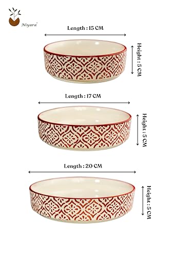 Image of Niyara Stoneware Handmade Ceramic Stylish Premium Serving Bowls /Salad Tray Microwave Dishwasher Safe (red Salad Bowl Set of 3)