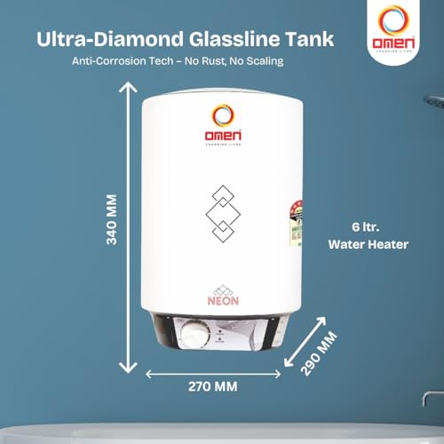 Image of Omen Changing Lives Neon 6Ltr Storage Water Heater (Geyser) | BEE 5 Star Rating | Glassline Tank | Advanced Multi-Layered Safety | Suitable For Hard Water & High-Rise Buildings | 7 Year Tank Warranty