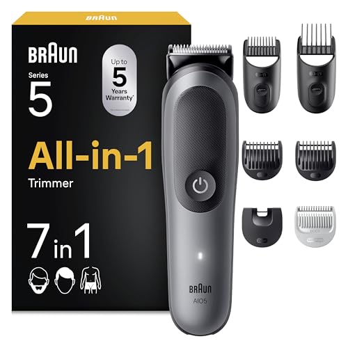Braun Todo En Uno Series 5 AIO5520, Kit De Styling 7en1, Lámina Ultra Afilada, 120 Min, Tecnología SensitiveTrim Para el Cuerpo, Recorte Preciso Y Eficiente, AquaGrip Para Uso Bajo El Agua, Gris