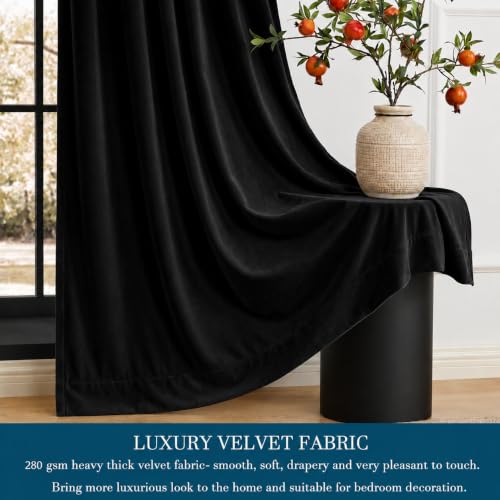 Image of Amazon Brand - Solimo Velvet Curtain Set of 2 (52x96 Inch) Plain Door & Window Curtains for Living Room & Bedroom |75% Light Blocking, Eyelet Curtains for Home Decor in Black Color (4 feet x 8 feet)