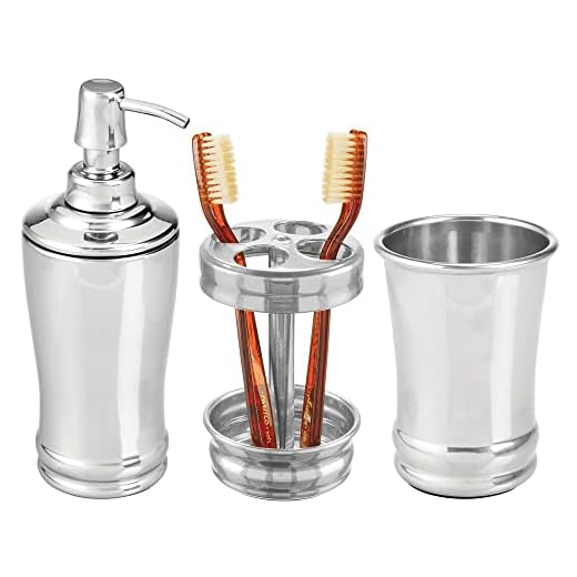 mDesign Metal Bathroom Vanity Countertop Accessory Set - Includes Refillable Soap Dispenser, Divided Toothbrush Stand, Tumbler Rinsing Cup, Vivi Collection, Set of 3, Chrome