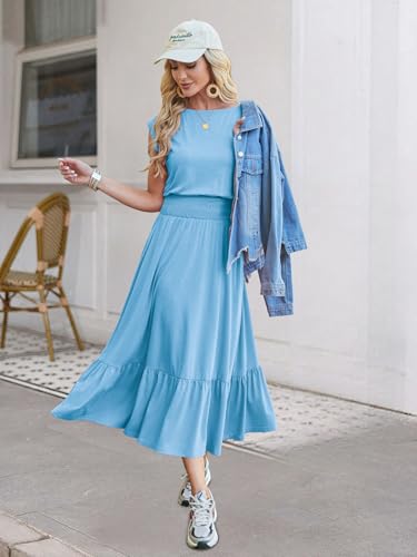 Image of Kikibell Womens Summer Dresses Cap Sleeve Elastic Waist Midi Dress with Pocket Long Causal Sundress Beach Vacation Outfits