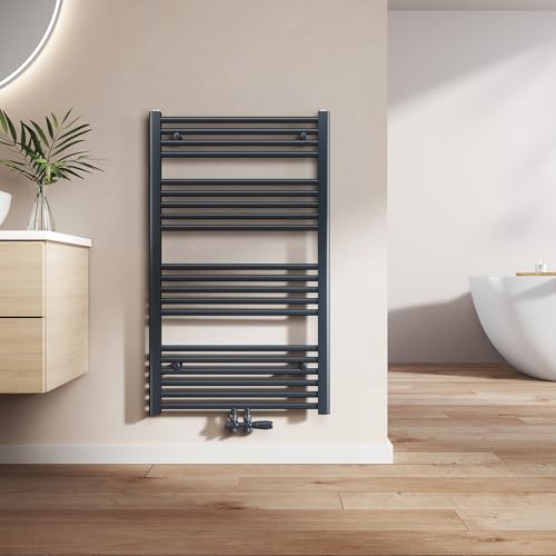 EMKE Badheizkörper Gerade 1000x600 mm - Handtuchheizkörper mit Mittelanschluss, Effizienter Handtuchwärmer Handtuchtrockner Heizkörper für Bad, Anthrazit, 498W