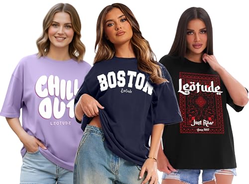 Image of LEOTUDE Women Cottonblend Drop Shoulder Oversized Round Neck Half Sleeve Tshirt, Longline Printed T-Shirt