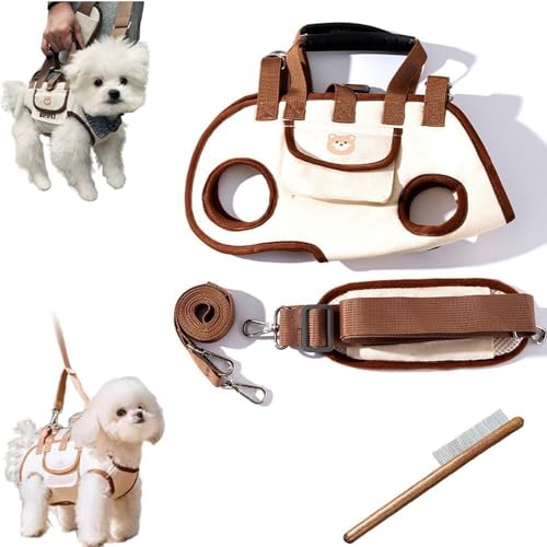 Arnés de elevación para perros pequeños, correa de apoyo de cuerpo completo con asa de control ajustable para mascotas mayores o lesionadas, transportador de mascotas de hombro manos libres (beige