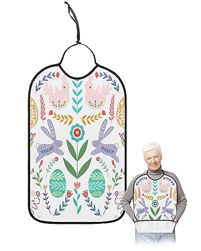 LEOKOTI Spring Easter Floral Adult Bibs for Eating, Waterproof Bibs with Food Catcher & Adjustable Snap Closure, Colorful Eggs Rooster Bunny Sheep Clothing Protectors Adult Bibs for Elderly Women/Men
