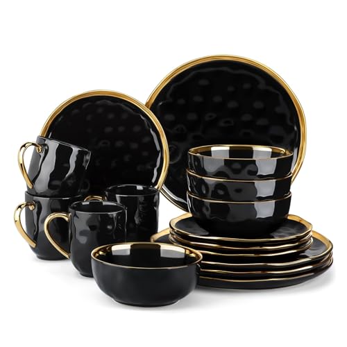Juego De Vajilla Juego de vajilla porcelana negra 16/32 piezas con plato postre, cena, taza y tazón detalles dorados(16 Piece)