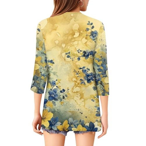 3/4 Sleeve Tshirts Shirts for Women V Neck Buttons Cute Casual Tops Hawaii Graphic Basic Blouses Loose Fit Pullover3