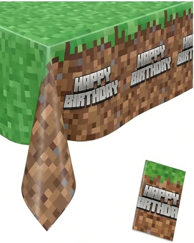 Calmi Pixel Miner Tablecloth (Pack of 1) Waterproof Gamer Birthday Party Table Cover for Boys & Girls Pixel Themed Video Game Party Decorations for Tables