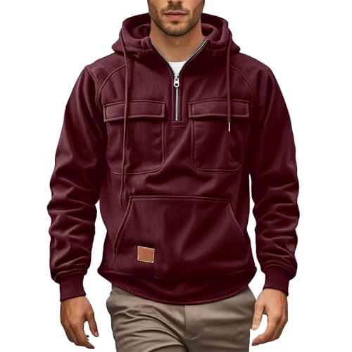 Wankang Tactical Hoodies for Men Quarter Zip Pullover Sweatshirt Corduroy Drawstring Hooded Sweatshirts with Multi Pockets