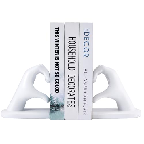 White Bookends, Heavy Duty Bookend Holder Decor, White Finger Heart Shaped, Modern Art Sculpture, Finger Home Decoration, Bookends Decorative, Boho Decor for Desktop Bedroom Study Room